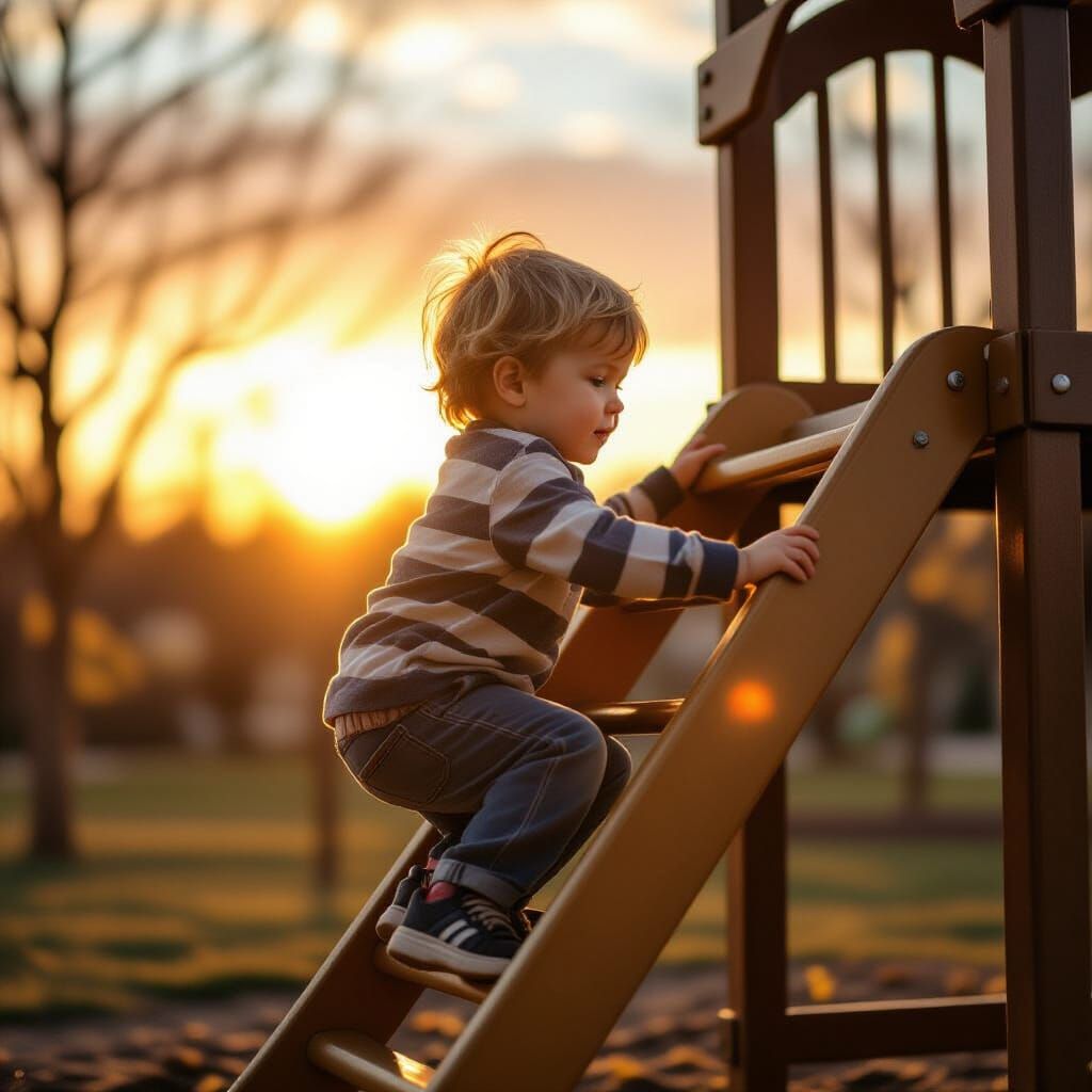 Photorealistic Image of Boy Climbing Slide Ladder