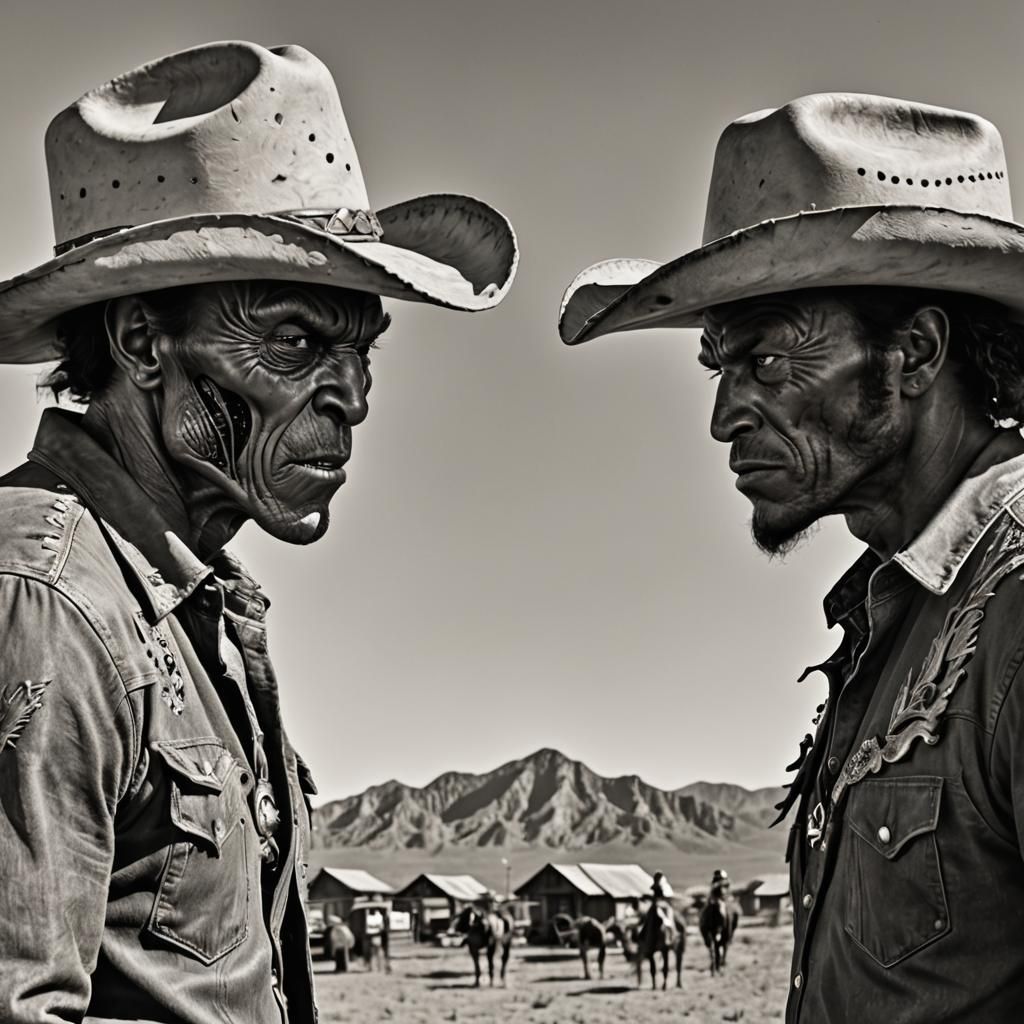 angry strange alien butting foreheads with angry creole cowboy