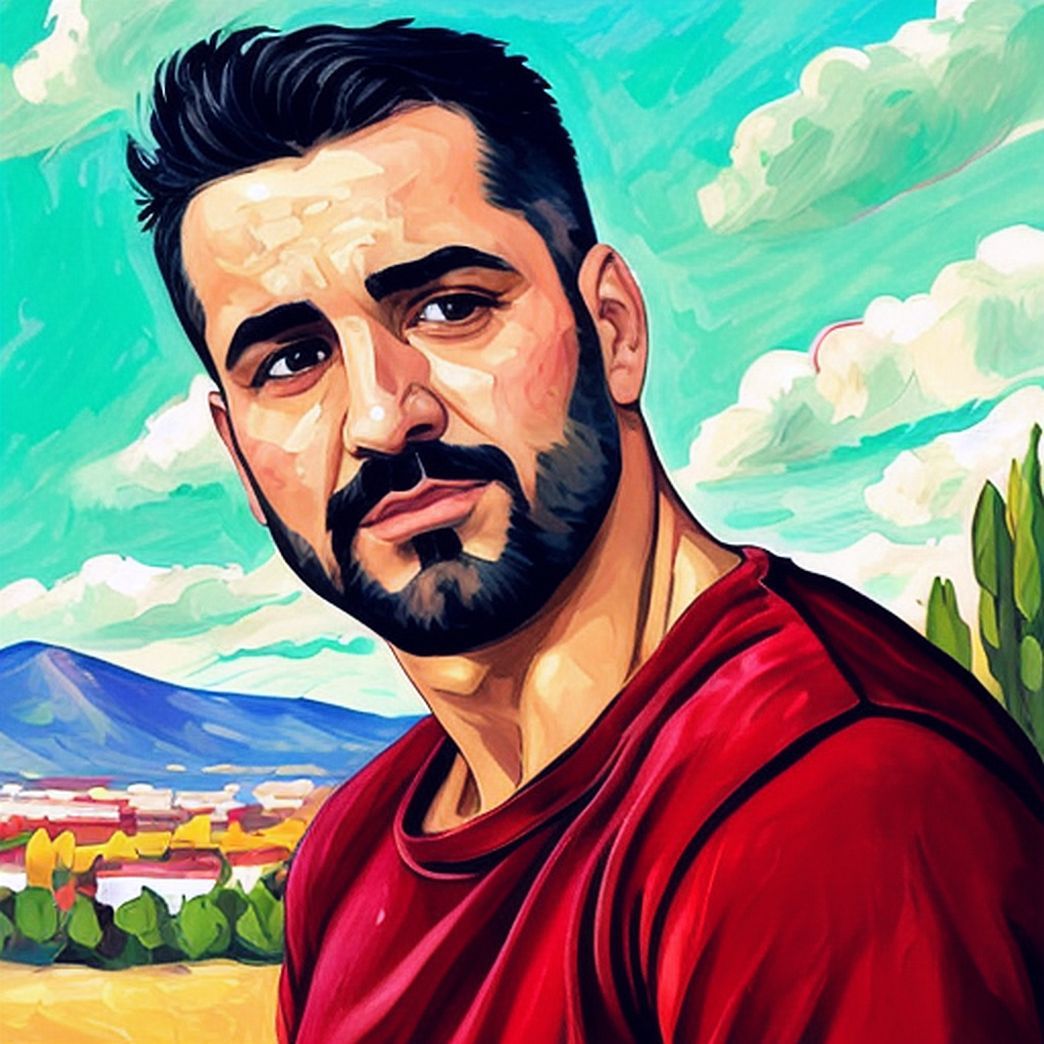 A bearded man wearing red T-shirt