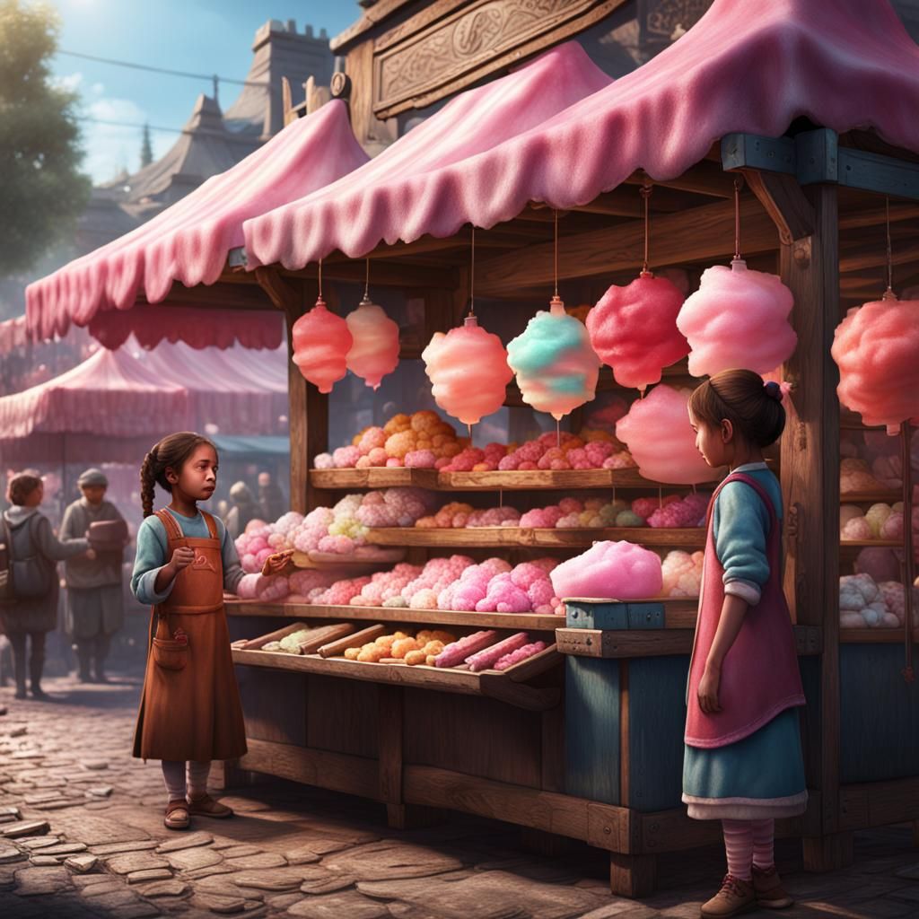At the stall market,a little girl buying cotton candy.
