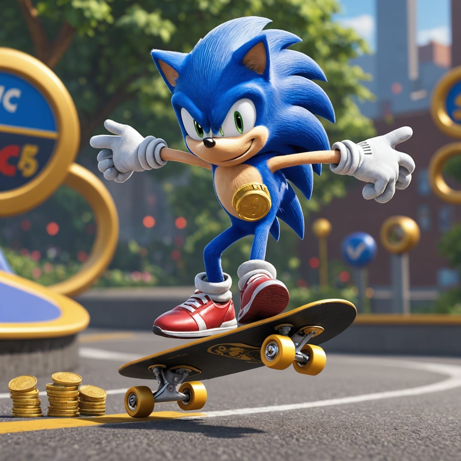 Sonic the hedgehog on a skateboard, whizzing through a loop-the-loop ...