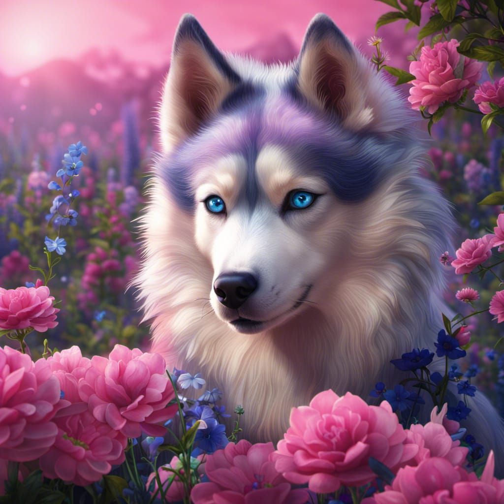 Purple grey husky in pink flowers - AI Generated Artwork - NightCafe ...