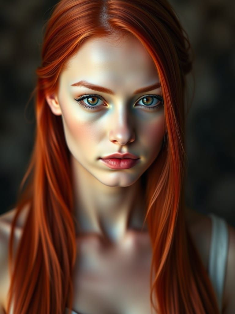 <lora:Boone:1.0> Hyper-realistic portrait of a young, elegant woman with fair skin. She has long, straight <red> hair, falling gently over h...