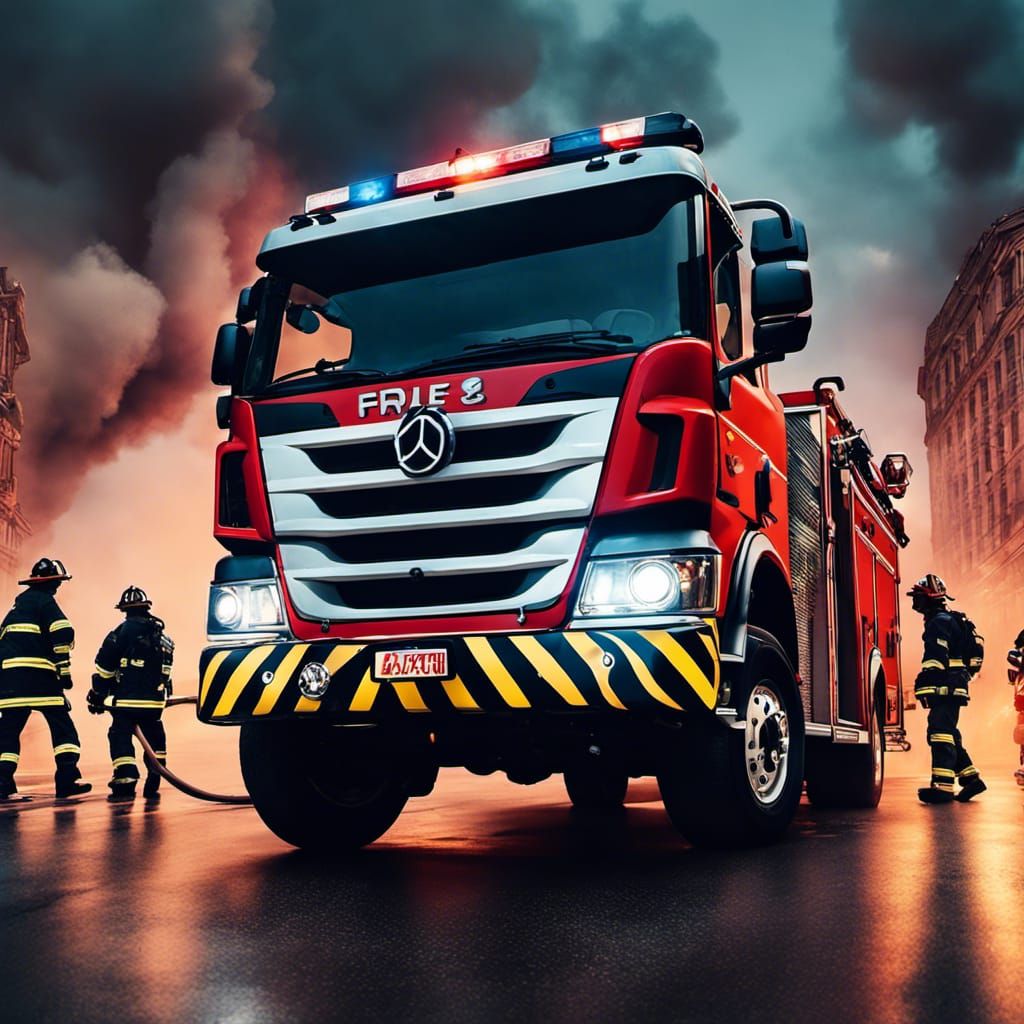 Detailed matte photo of two firefighters leaning against a l...