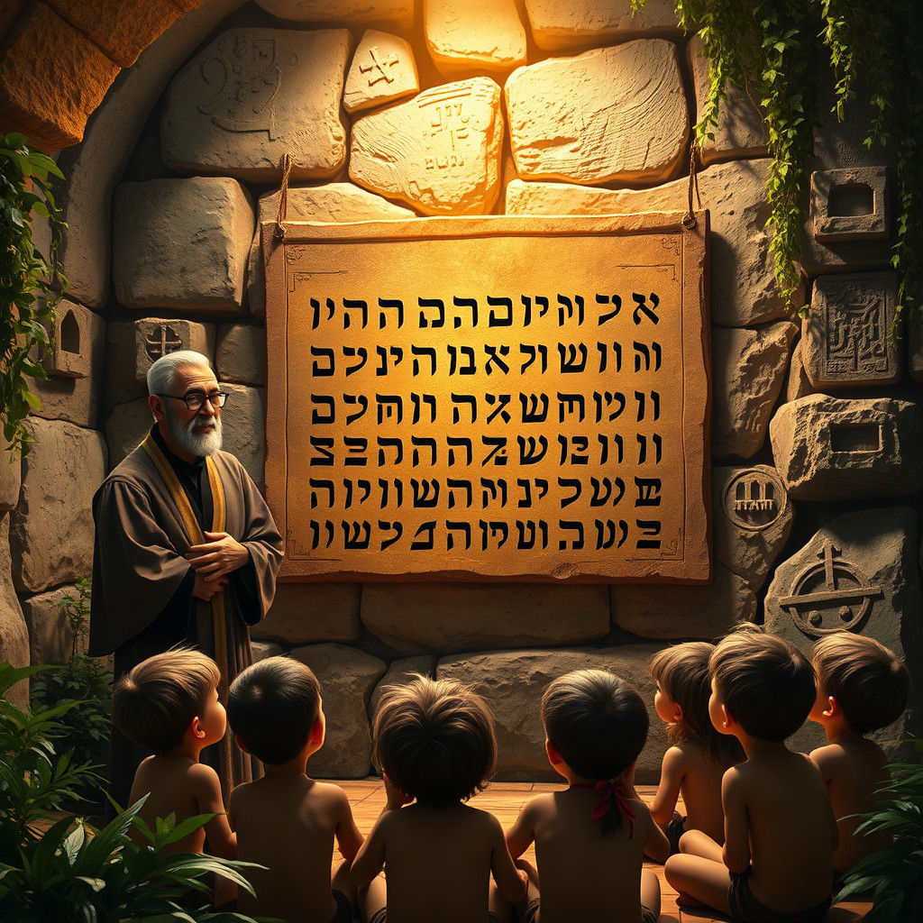 לוח אותיות על הקיר ומורה עם שחור לבן ושיער קצוץ עם זקן תיש וילדים יושבים על הרצפה ומסתכלים לעבר הלוח