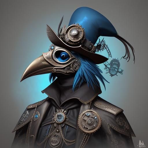 Close up of a bird wearing a hat, vector art, fantasy art, blue metal, plague mask, steampunk. Dark fantasy. Intricate, mysterious, by Adam...