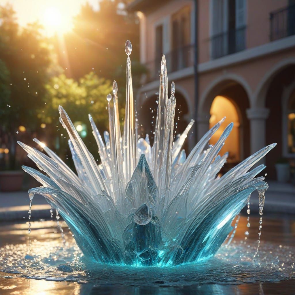 Glowing Crystal Fountain in Oil Painting Style
