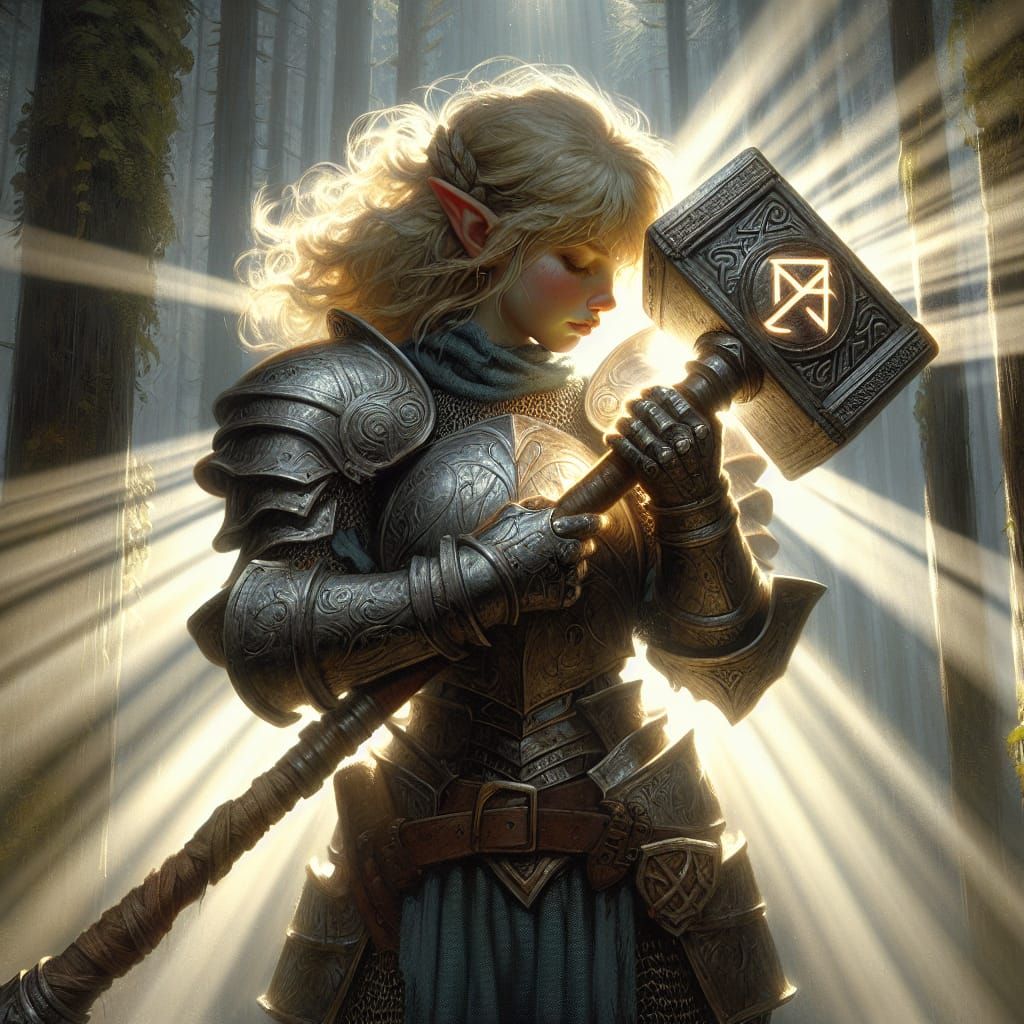 Ethereal Elf Knight in Dwarven Armor Amidst a Sunlit Forest