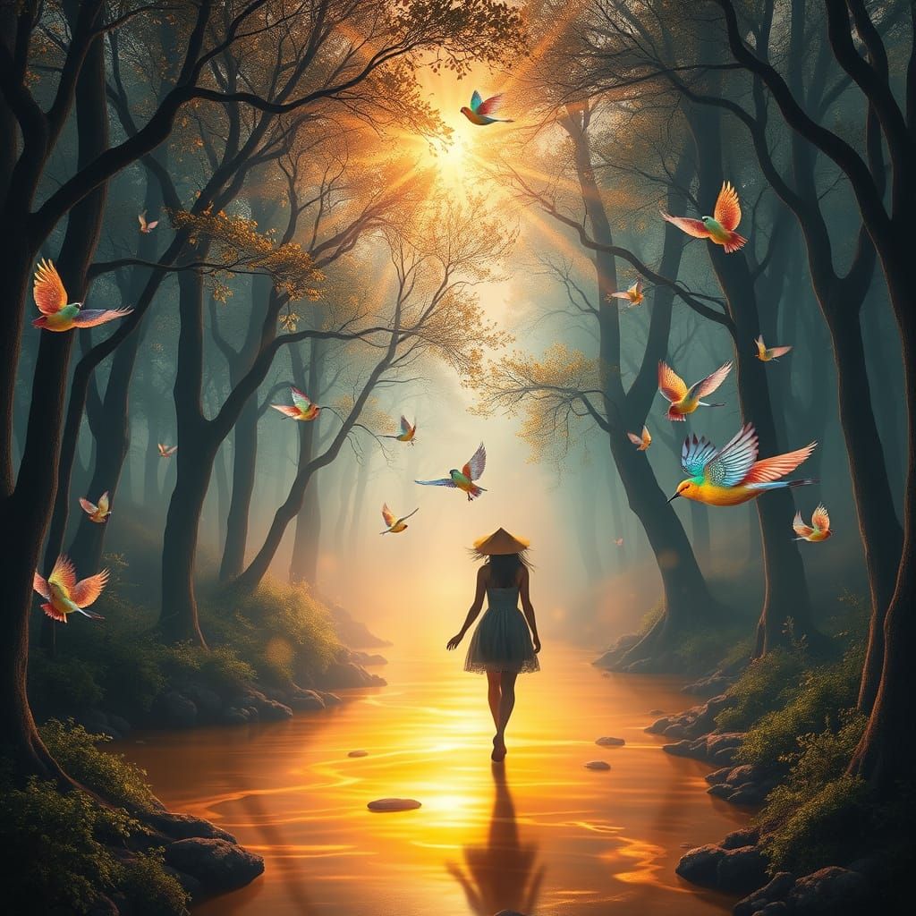 Woman in a Dreamlike Crystal Forest at Sunrise