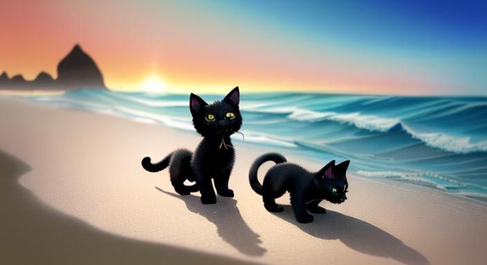 two tiny cute black kittens playing on the beach with sand a...