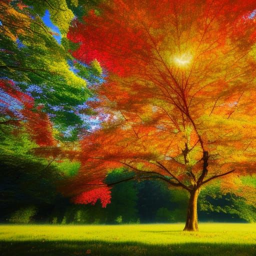 beautiful colorful huge maple on the centre of the field, wi...