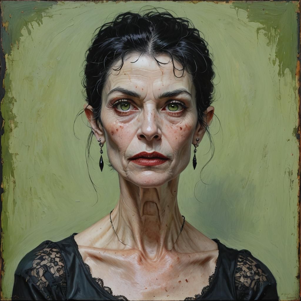 Vampire, 63 year old female, black pixie hair, freckles, Cau...