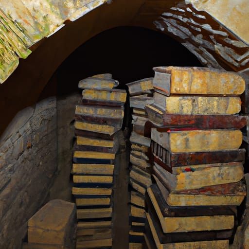 A lot of books in an ancient crypt