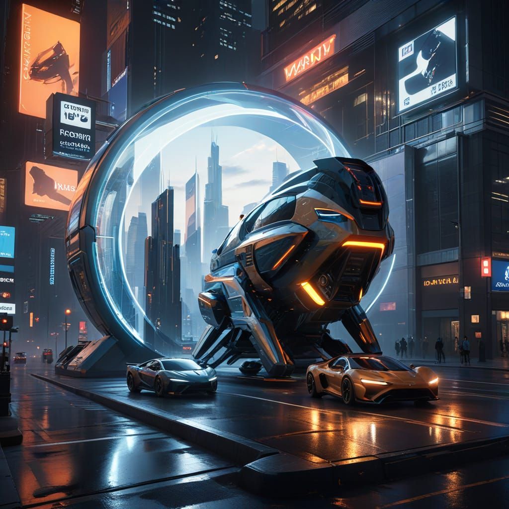 Sleek Futuristic Cityscape at Dusk with Flying Cars