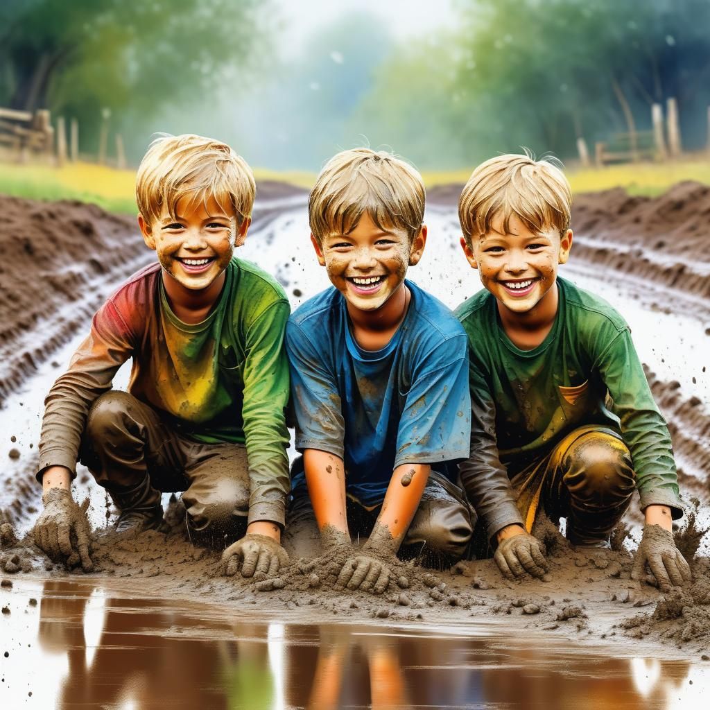 3young boys playing in the mud, smiling and having fun, hype...