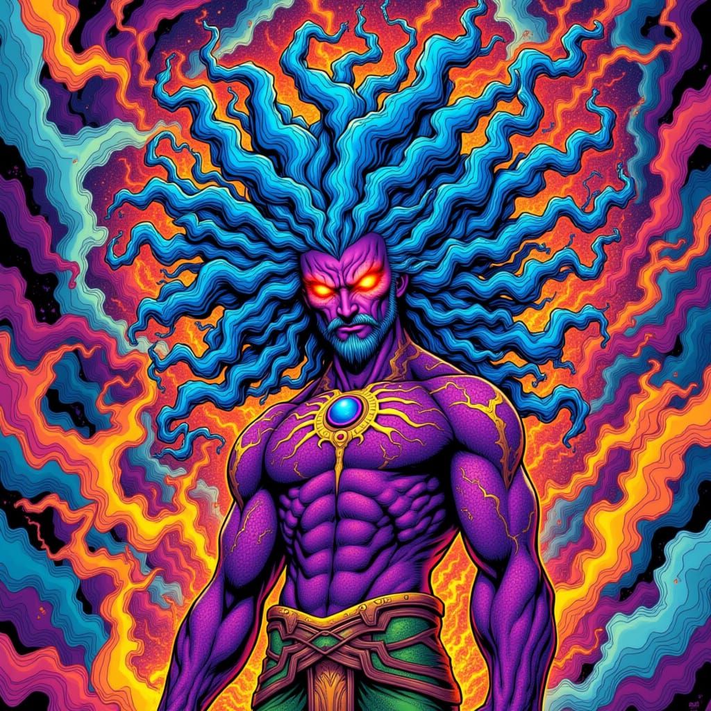 In a maelstrom of swirling colors and dynamic lines, handsome Father of Chaos stands tall, his purple skin a mesmerizing mosaic of intricate...