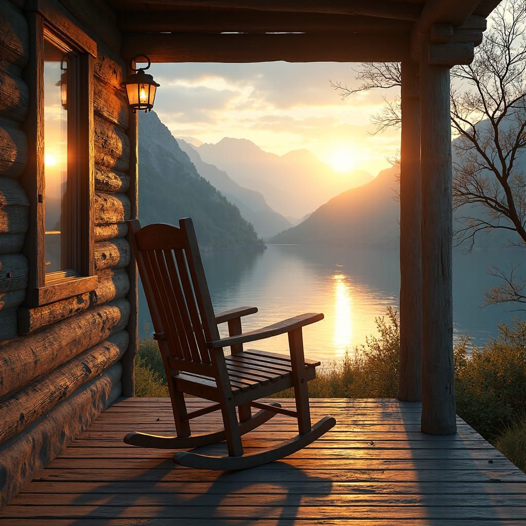 Cozy Cabin Porch Rocking Chair at Sunset