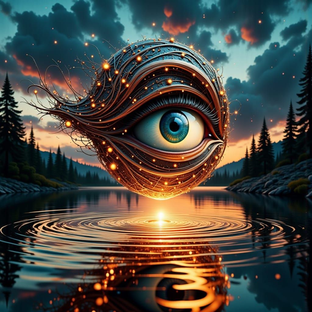  <lora:Fantasy eyes Flux:1.0> breathtaking intricate android eye made from wires in a summer night over a lake :: UHD :: hyperreal :: hyperd...