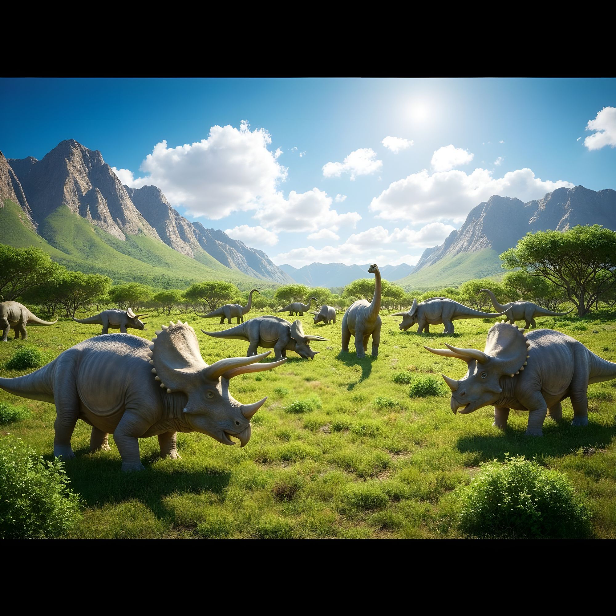 A small clearing in an ancient prehistoric setting, several Triceratops and several Brontosaurus are grazing peacefully, mountains in backgr...