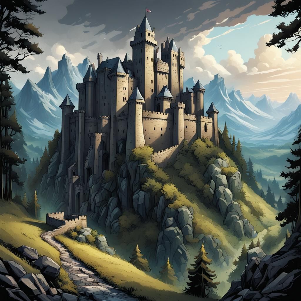 huge modern walled castle on a plateau, in mountains and for...