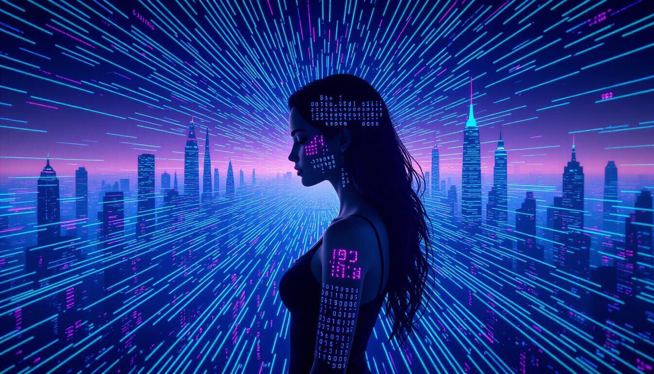 Cyberpunk Woman in Code Landscape