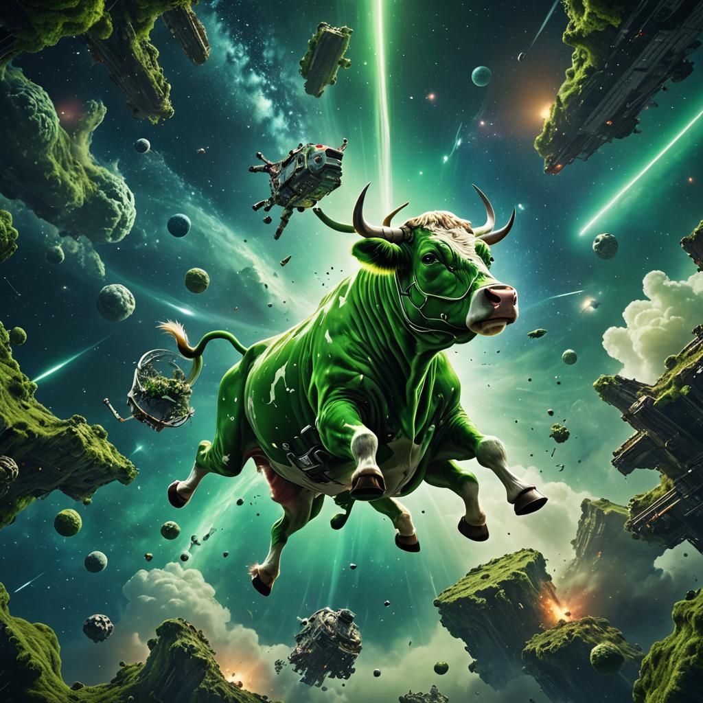 Flying green cow in the vacuum of space