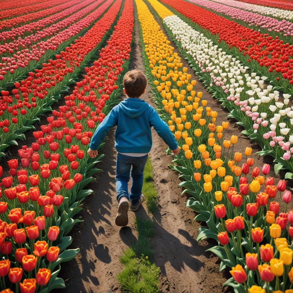 Boy Runs Through Colorful Tulip Field in Netherlands