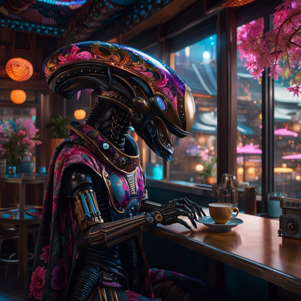 Alien Loves Coffee in a Futuristic Coffee Shop in Space  by @Nita