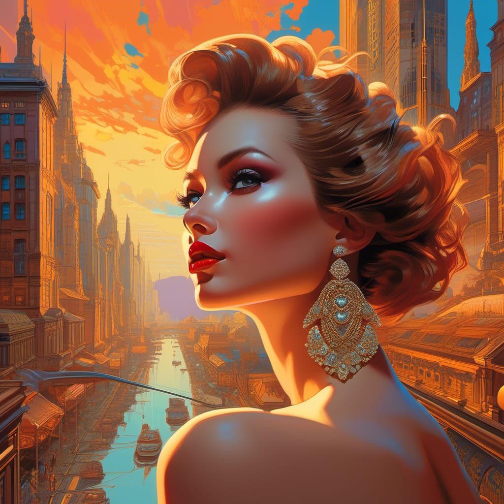 highly detailed INTRICATE alluring woman face close-up in 80S fashion style, BY GIL ELVGREN AND MICHELANGELO AND MOEBIUS, , INTRICATE CITY S...