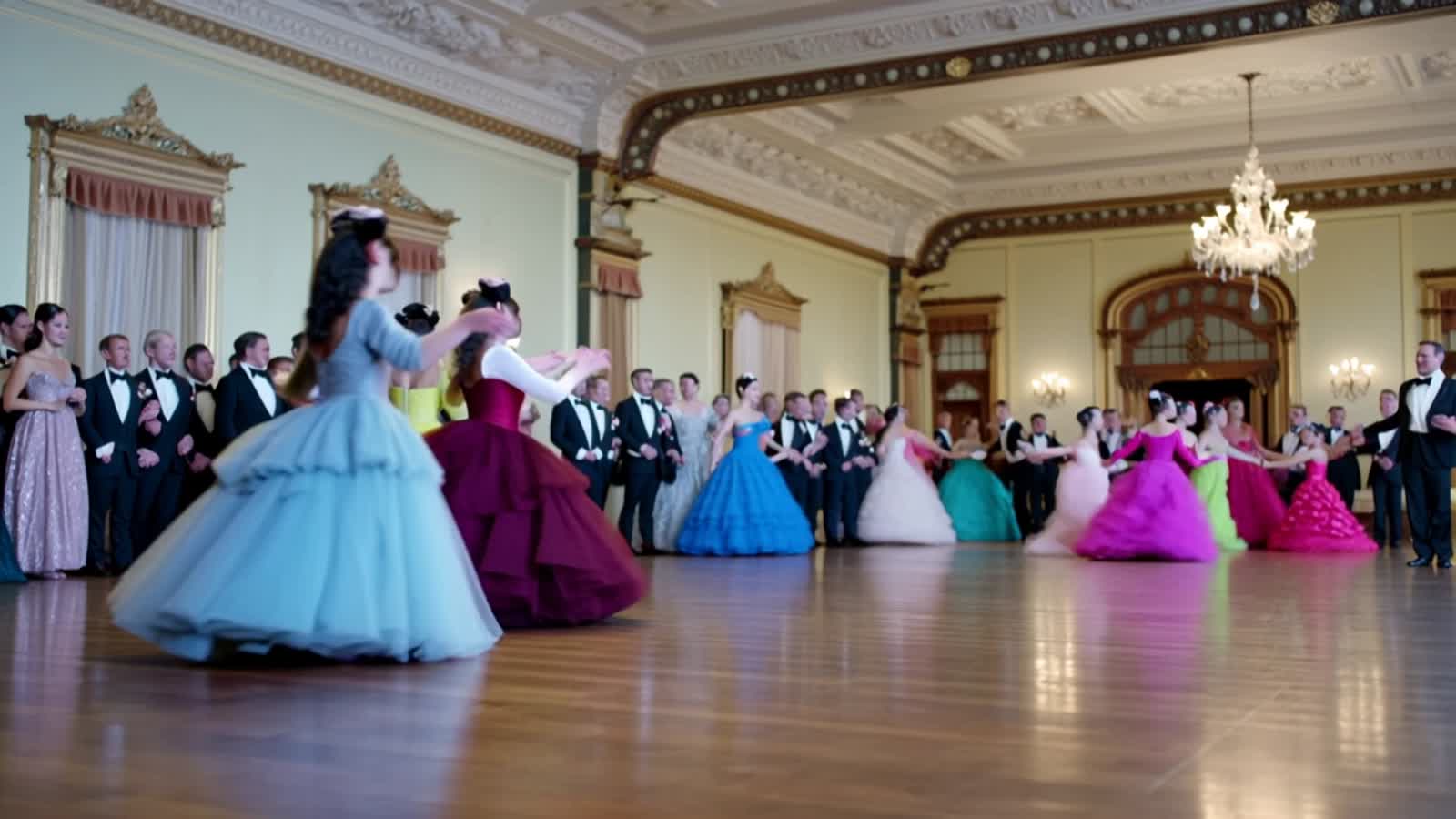Shy mouse shakes in fear waiting to be picked to dance at the ball as other swirl around in colorful dresses