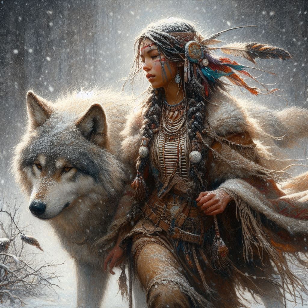 native american woman and wolf