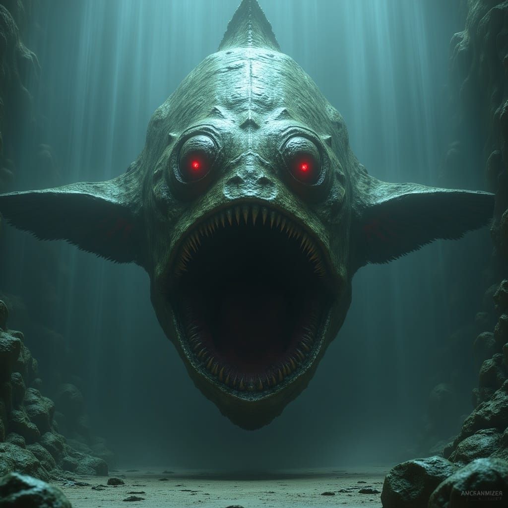 <lora:MJ6-1 DreamForge:1.0> Giant fish with large red eyes and a wide-open mouth, a scary underwater creature concept art, a scary fantasy m...