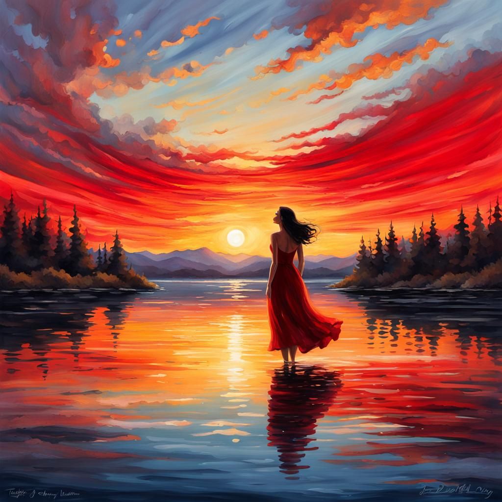 In a tranquil lakeside setting at sunset, a poignant scene u...