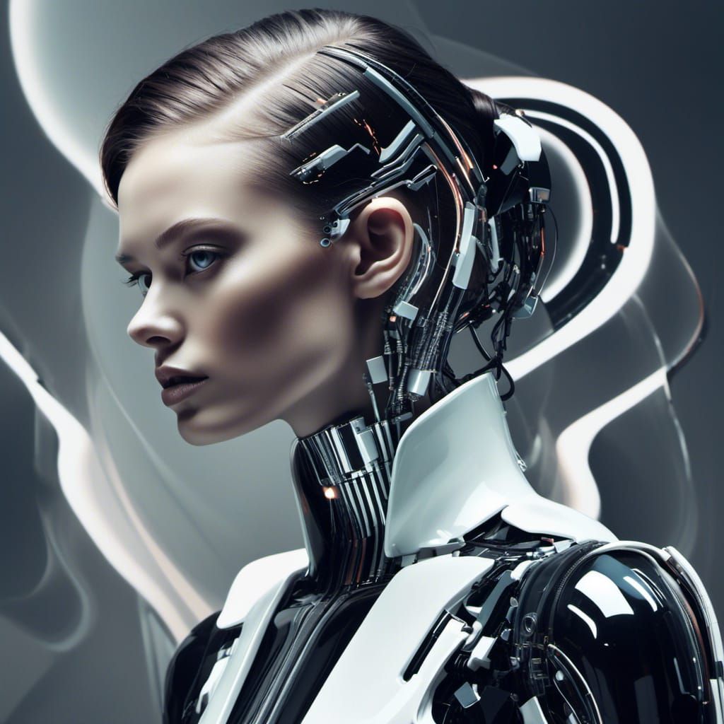 glitches hacking effects emil hajjaj creates surreal digital art with a single cyborg shoulder, in the style of dark black and neon white, a...