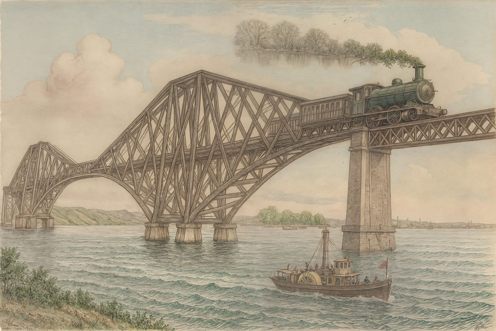 Colored Etching of the Forth Bridge
