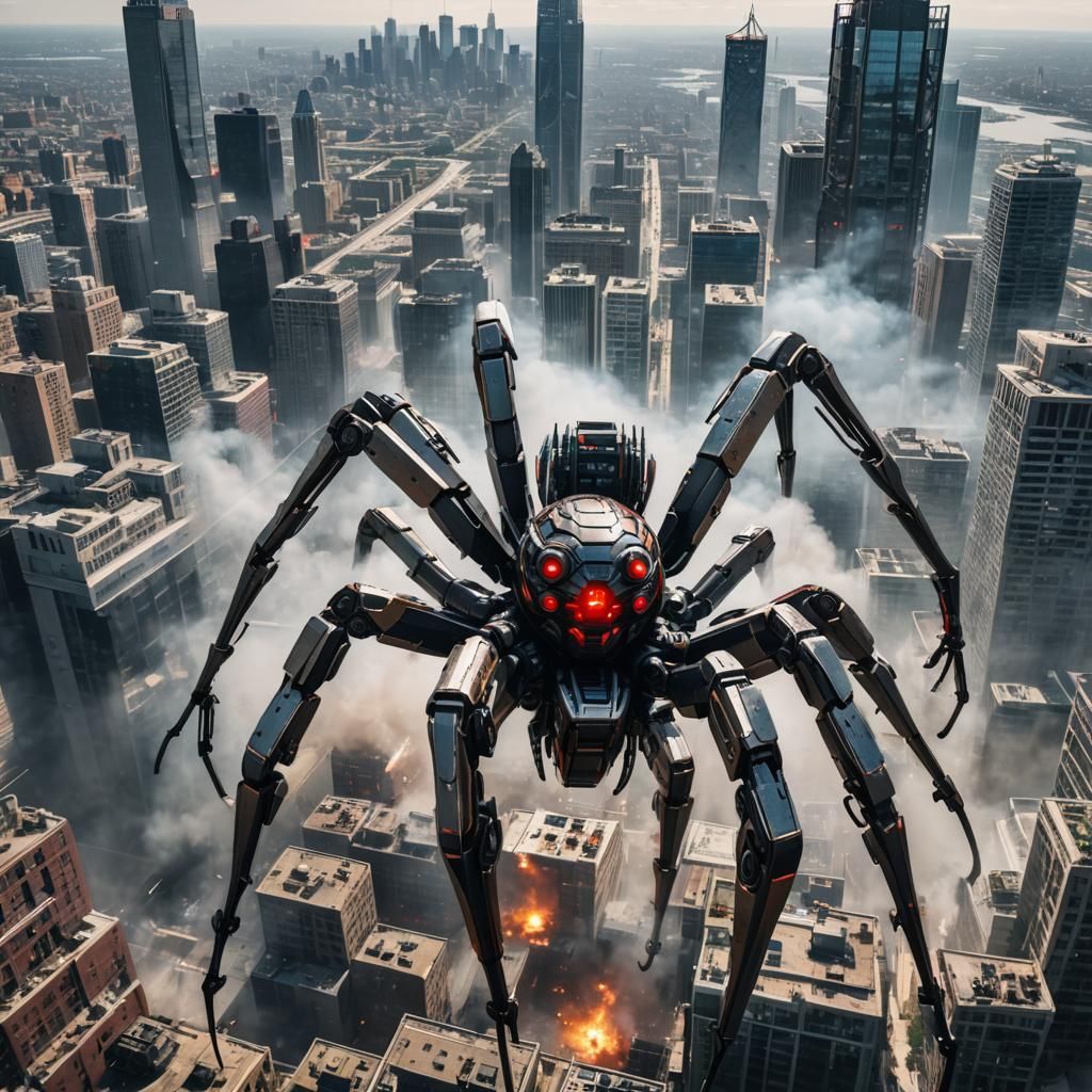 an insanely massive spider robot towering over a city skylin...