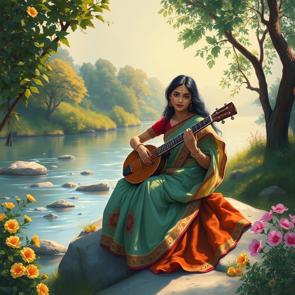 Young Indian Woman Plays Tanpura in Serene Landscape