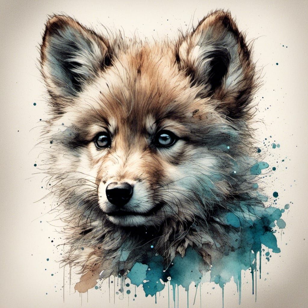 <lora:HRH-moody-ink:1.0> Coloured ink. Low perspective shot of a baby wolf cub with soft fluffy long fur. Sweet adorable. Hyper realistic 
