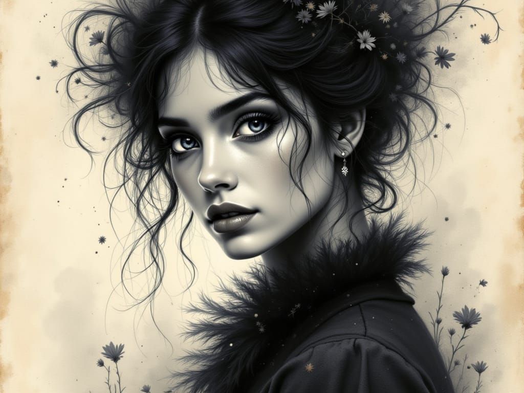 <lora:HRH-petals and paws:1.0> Hyper realistic charcoal on rough paper, bold charcoal lines and pooled alcohol inks for colour. Portrait bea...