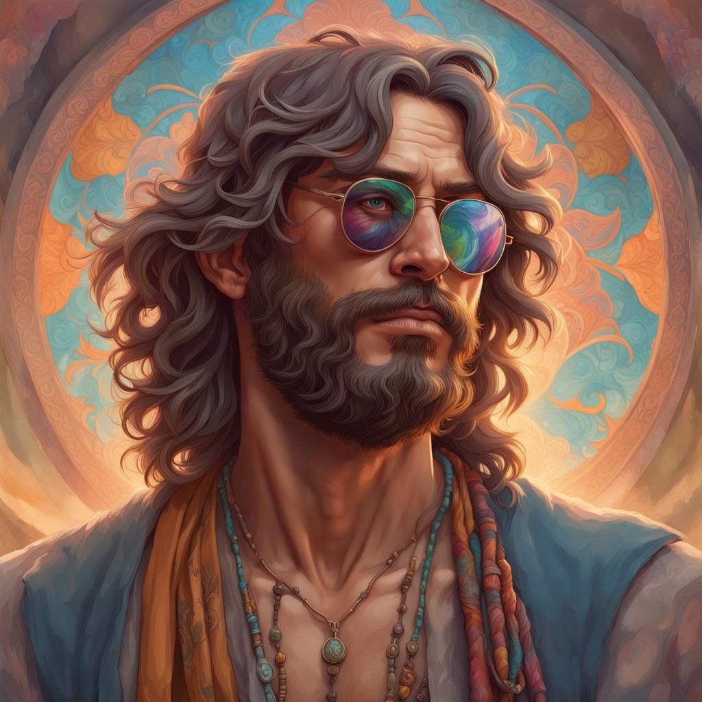 Portrait of a hippie guy head and shoulders portrait, 8k res...