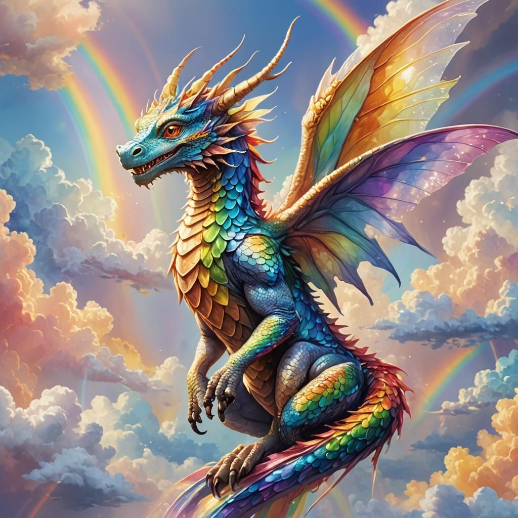 Rainbow in the sky with and fairy dragon
