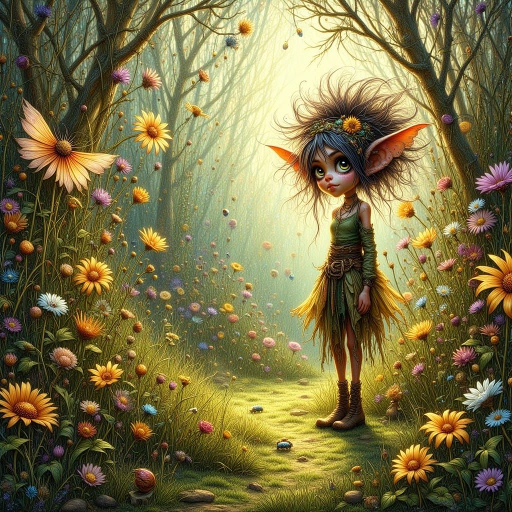 <lora:Punky Pixies:1.0> Dreamy. Magical lighting. Etherial . Browneyed Susan pixies. Shasta Daisy pixies. Enchanted. Glowbugs. Hidden place ...