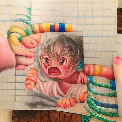 Color pencil drawing of a terrified baby