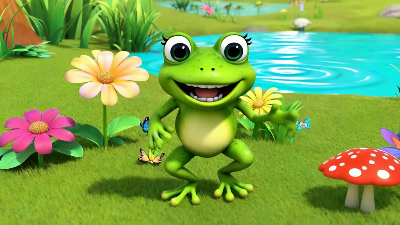 Bright and cheerful 3D cartoon frog with big friendly eyes, happily jumping up and down 
in a sunny grassy meadow. Color...