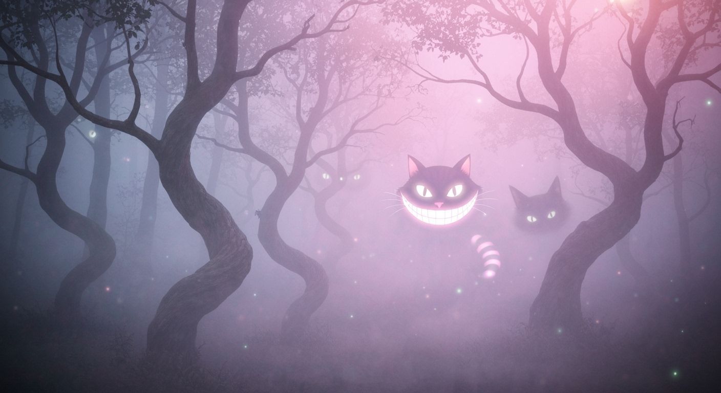 Cheshire Fog Forest Smile

Enchanted foggy forest, ancient twisted fairy-trees, whimsical mist shimmering, mischievous glowing Cheshire cat ...