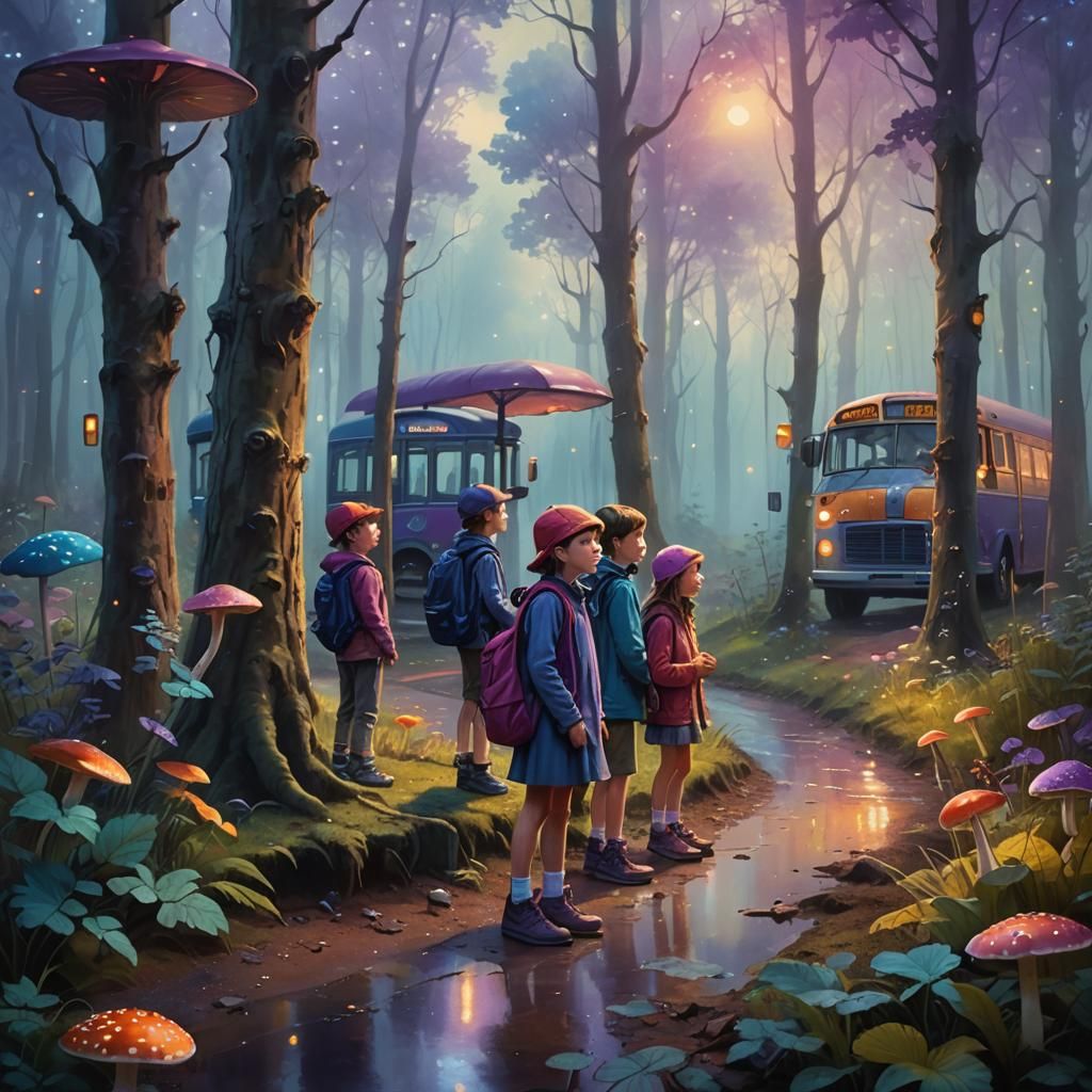 Children Wait in Whimsical Forest: Fantasy Concept Art