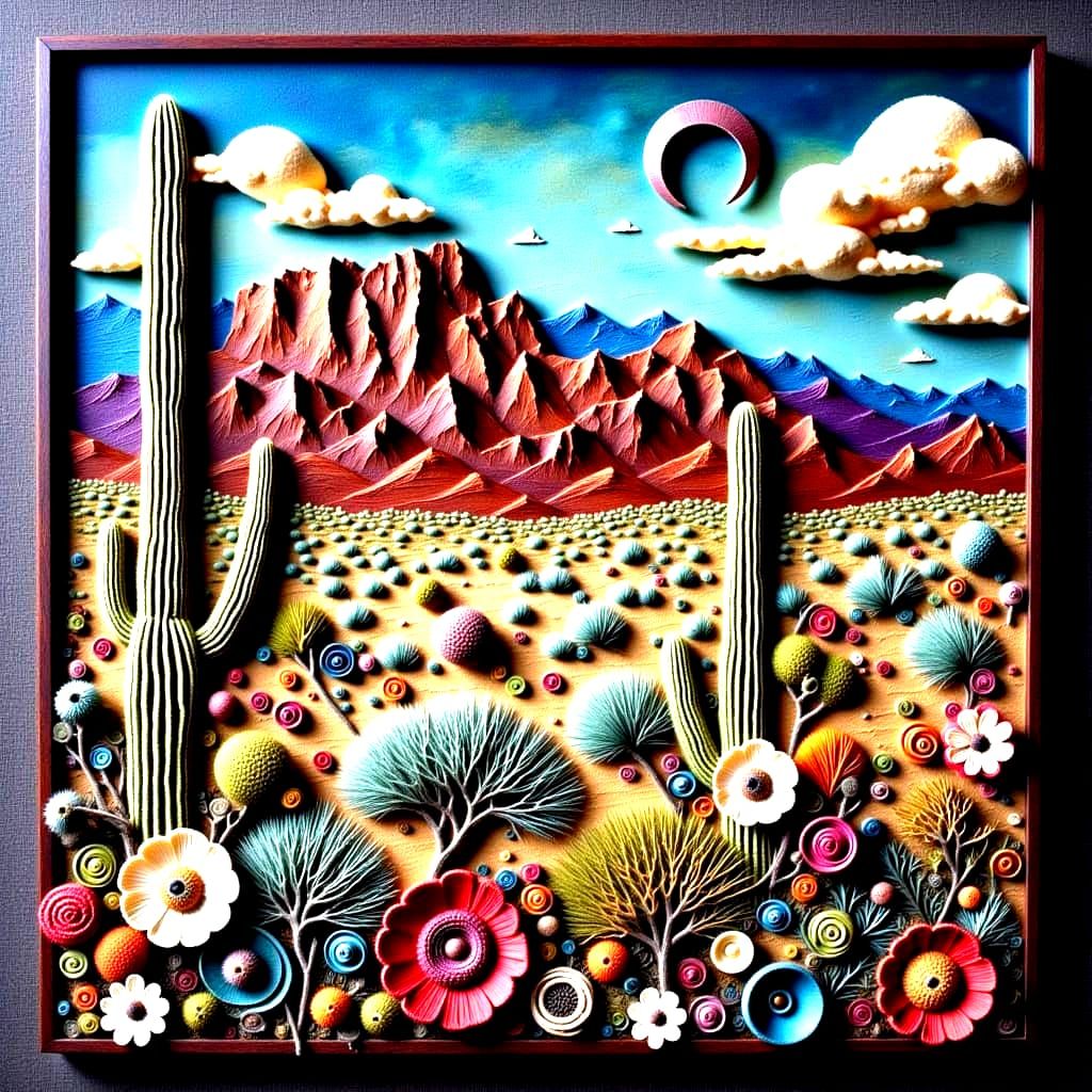 Southwestern Landscape Collage with Encaustic and Crochet Te...