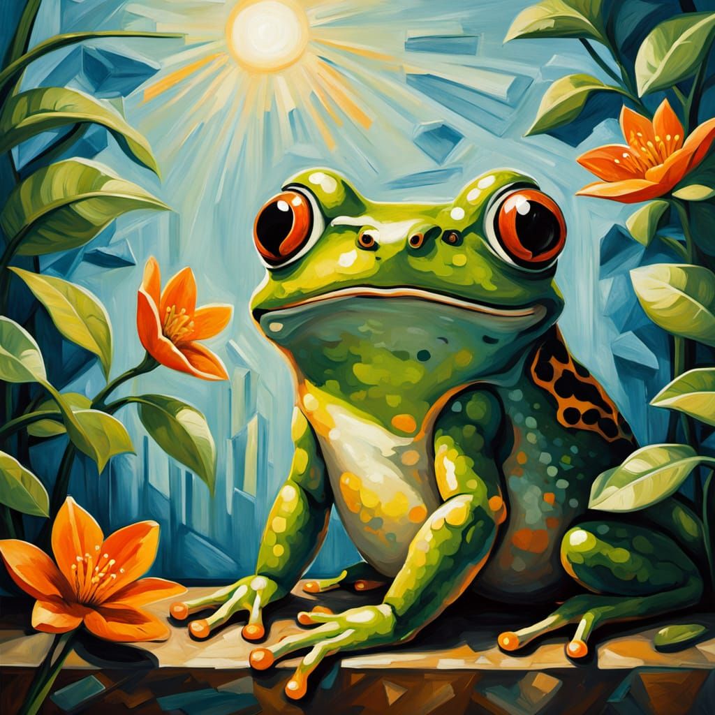 Frog in Whimsical Oil Painting with Lush Foliage