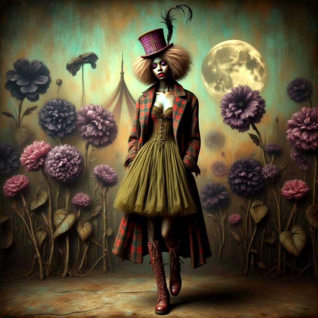 <lora:Circus Noir:1.0> Acrobatic pose, Full moon, Faded circus tent, abandoned desolate  circus background, Melancholic Burtonesque pale iri...