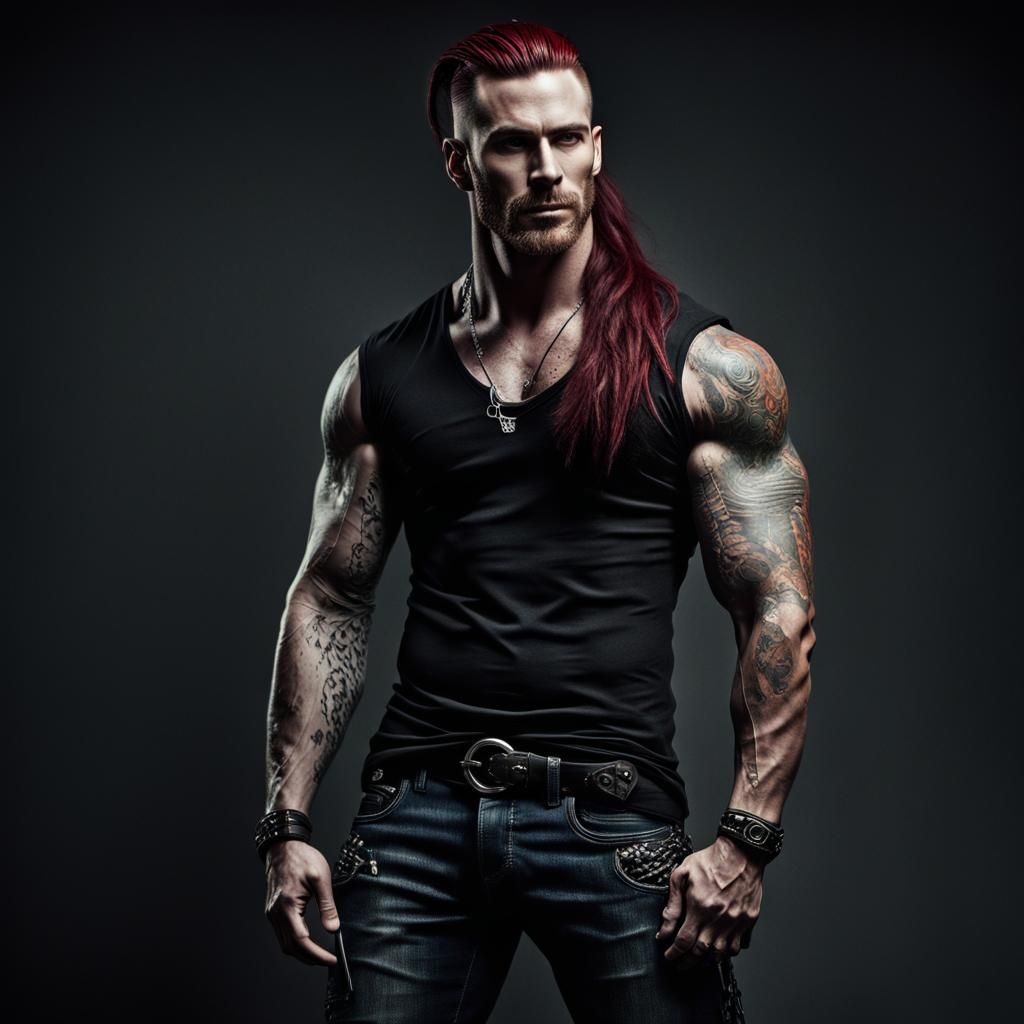 A realistic dark romance image of a gorgeous young alpha type man: impressively tall, defined muscle, covered in tattoos, no facial hair, has long dark red...
